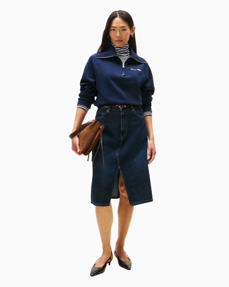 Front view of navy cotton-blend zip-neck pullover