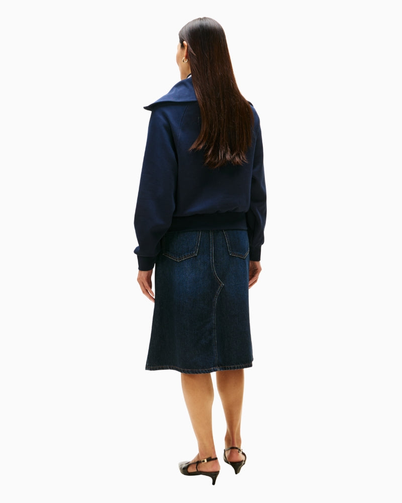 Navy half-zip pullover with relaxed fit and hip-length cut
