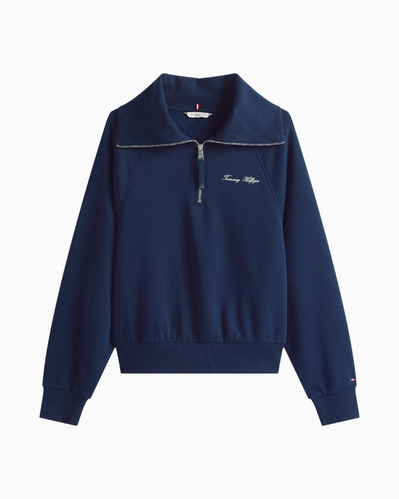 Front view of navy cotton-blend zip-neck pullover