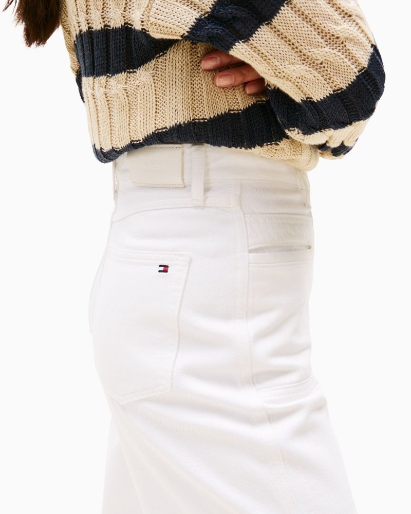 Close up view of Tommy jeans showing patch pockets and flag embroidery