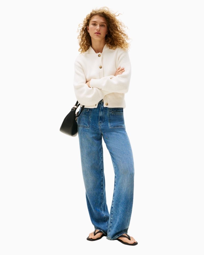 Button-front bomber cardigan with crew neck and angled front pockets