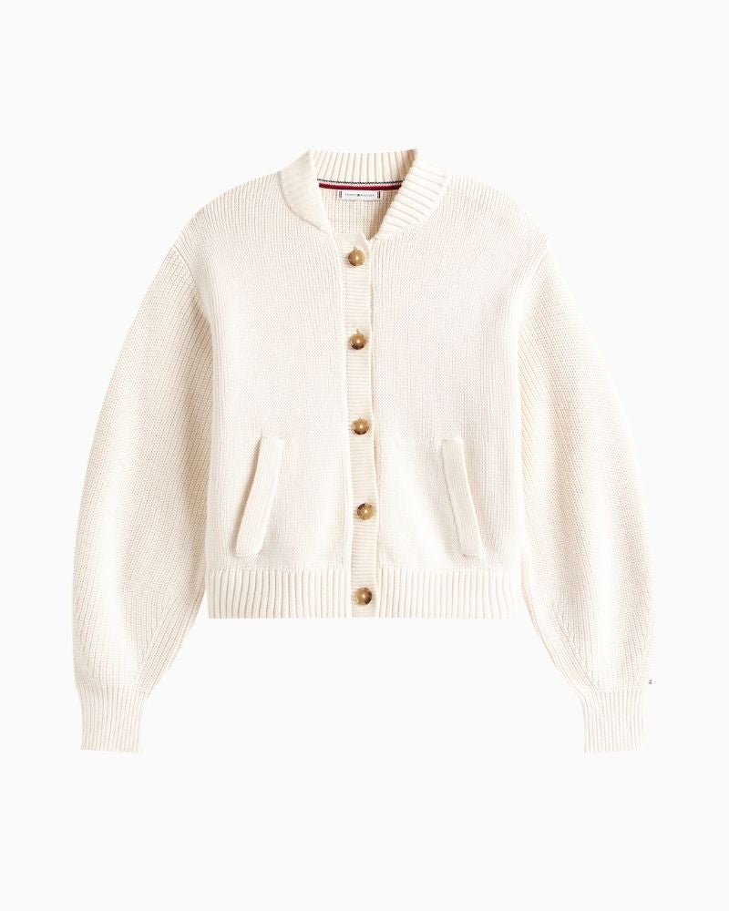 Front Tommy Hilfiger cotton jersey cardigan with balloon sleeves and ribbed trim