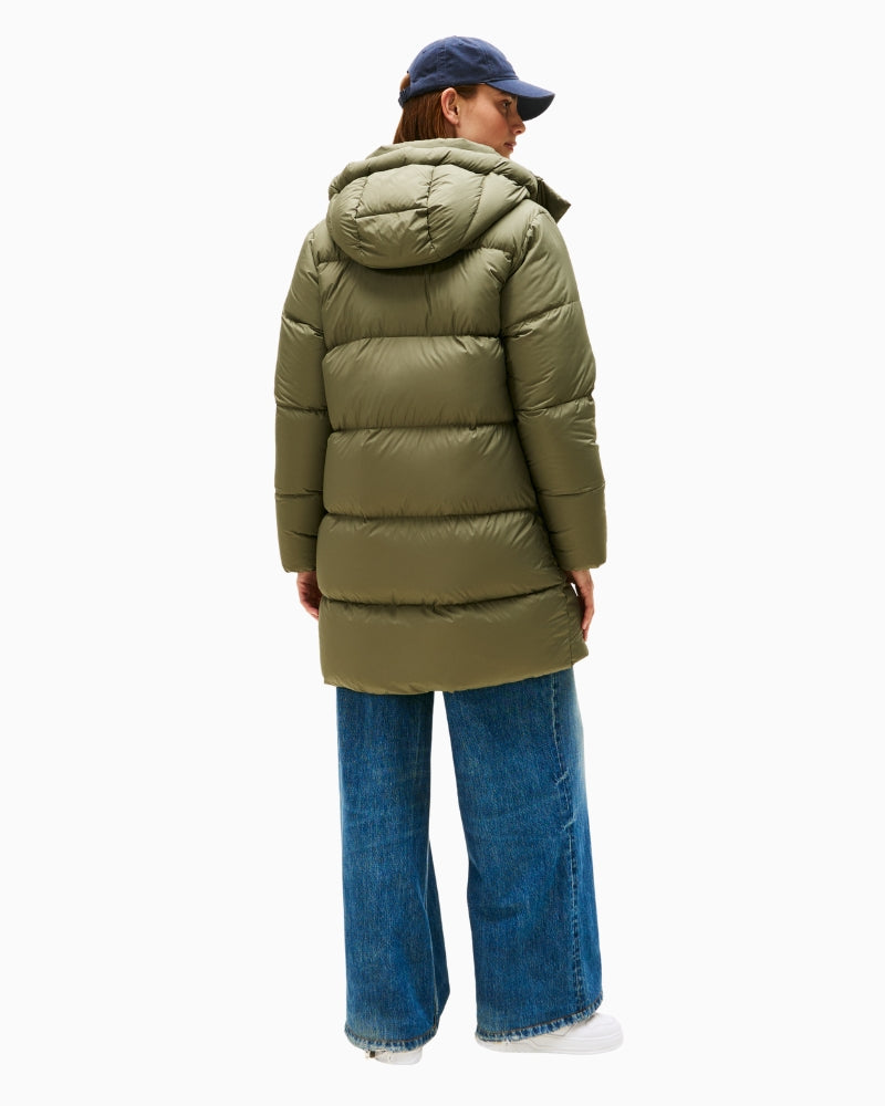 Back view of olive down coat with mid-thigh length