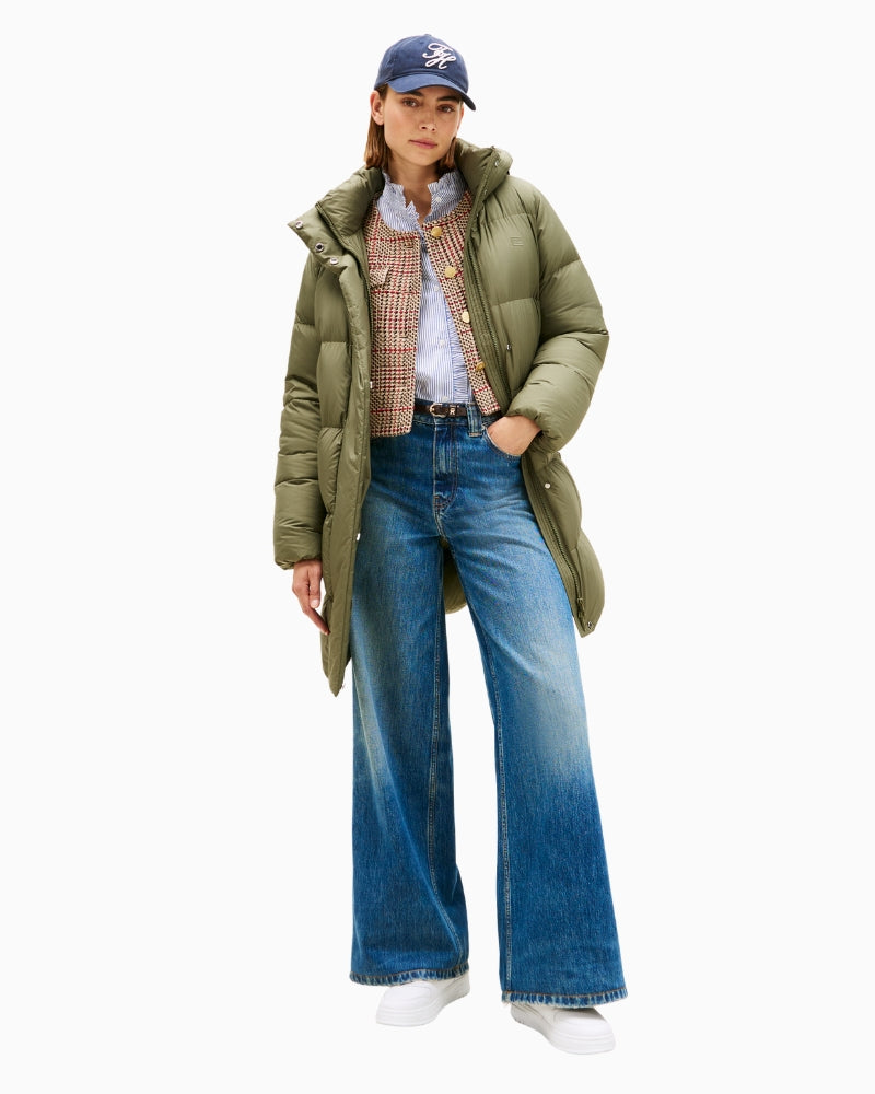 Front view of olive mid-thigh puffer coat with hood