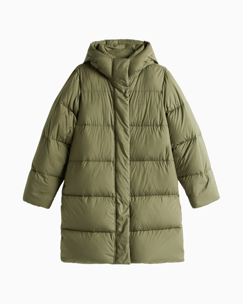 Front view of olive mid-thigh puffer coat with hood