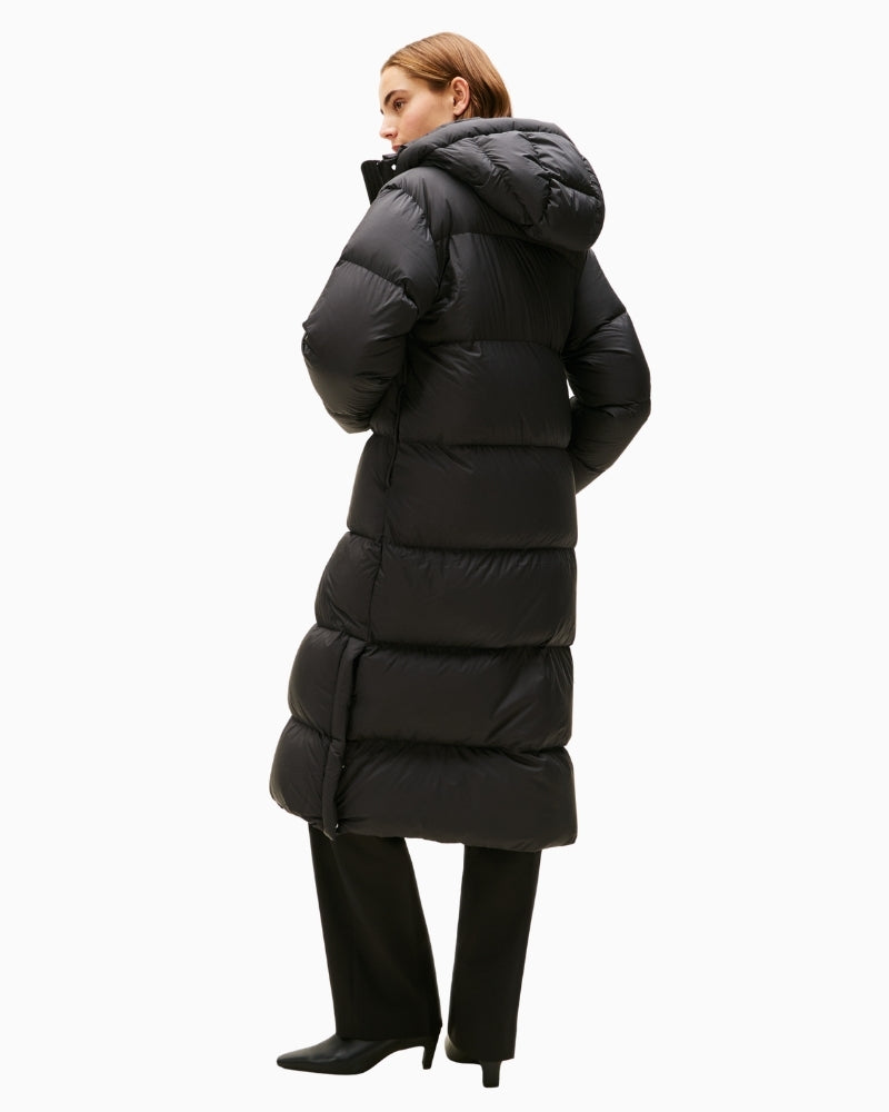 Back view of Tommy Hilfiger padded coat showing hood and straight fit