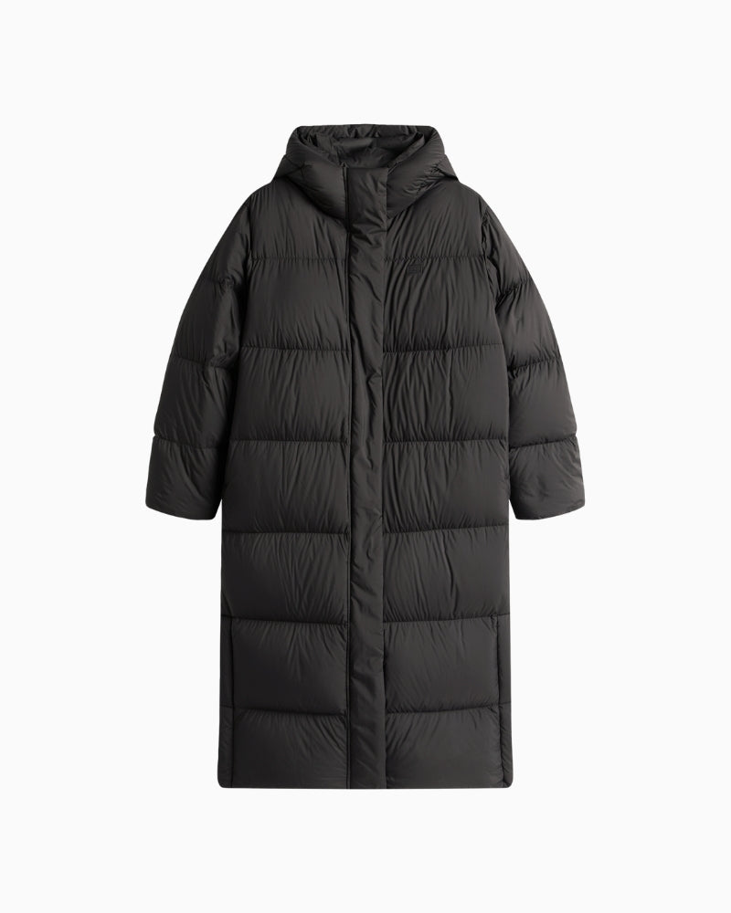 Front view of full-length puffer coat with zip and snap closure
