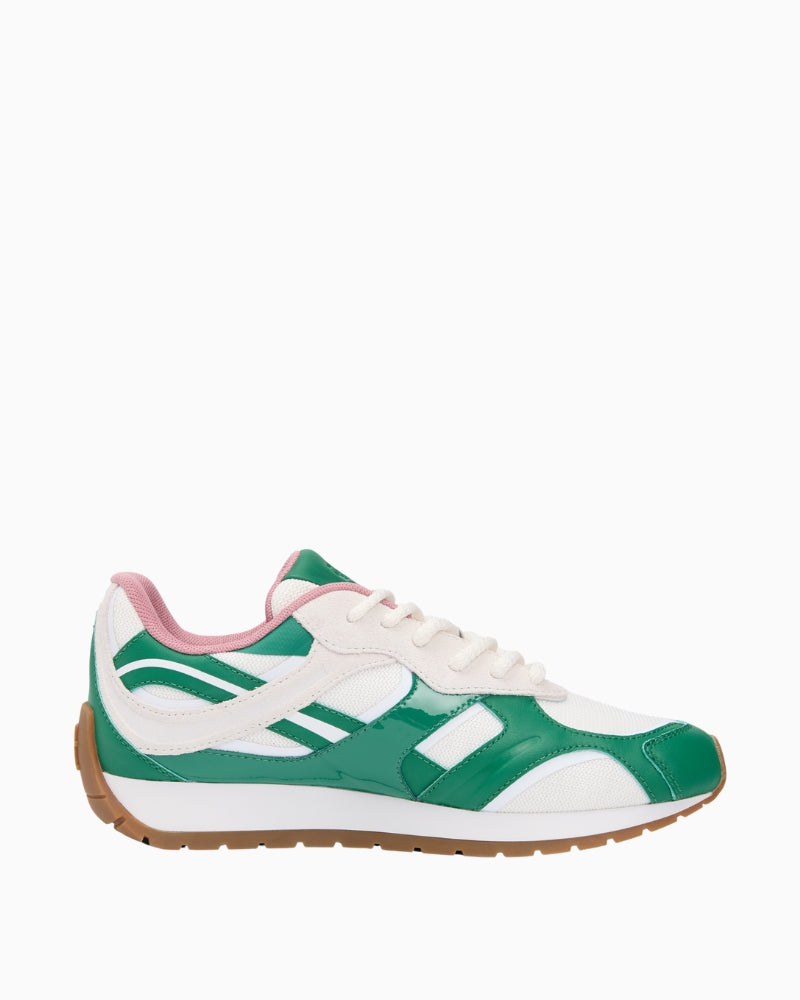 Side view of pink and green leather Tommy Hilfiger trainers
