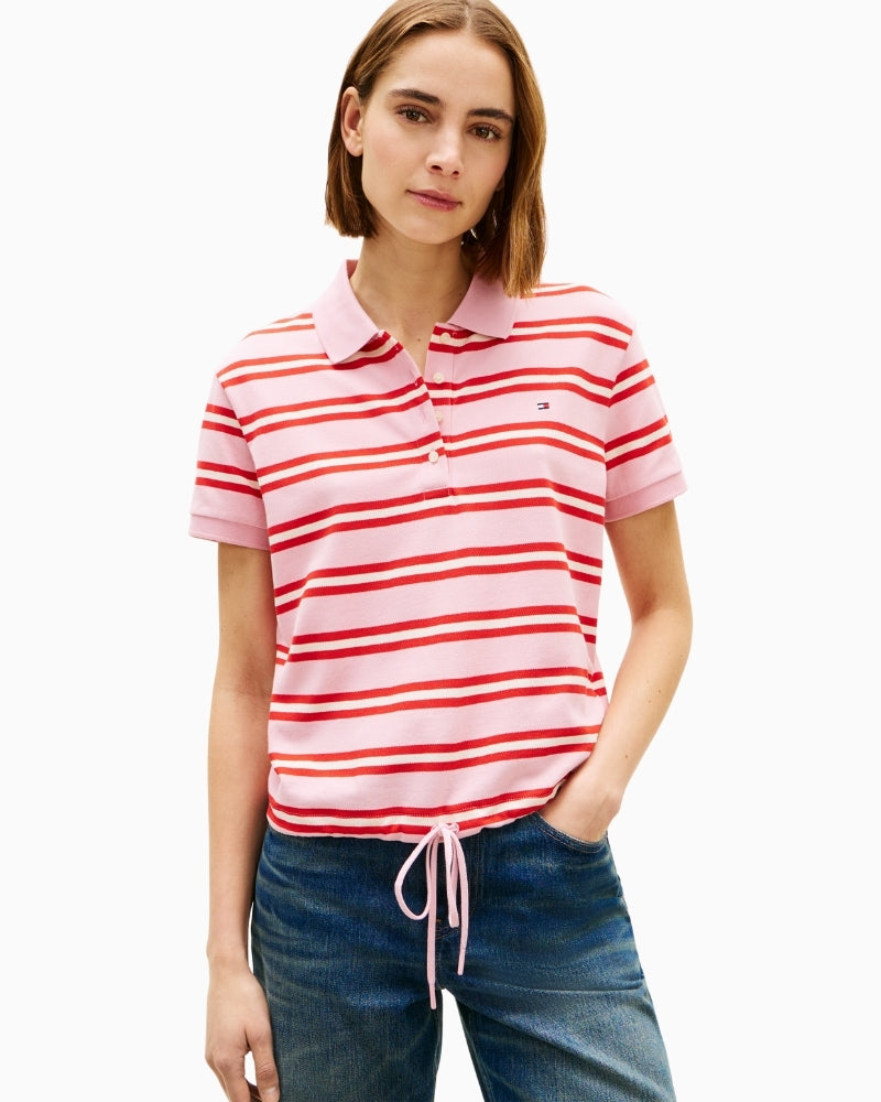 Woman wearing Tommy Hilfiger multistripe modern polo front view – Áines Boutique