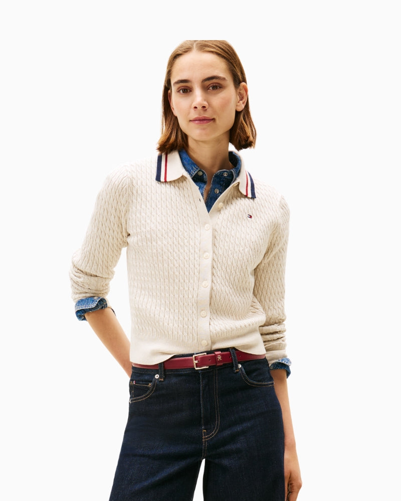 Beige Tommy Hilfiger polo-neck cardigan with button front