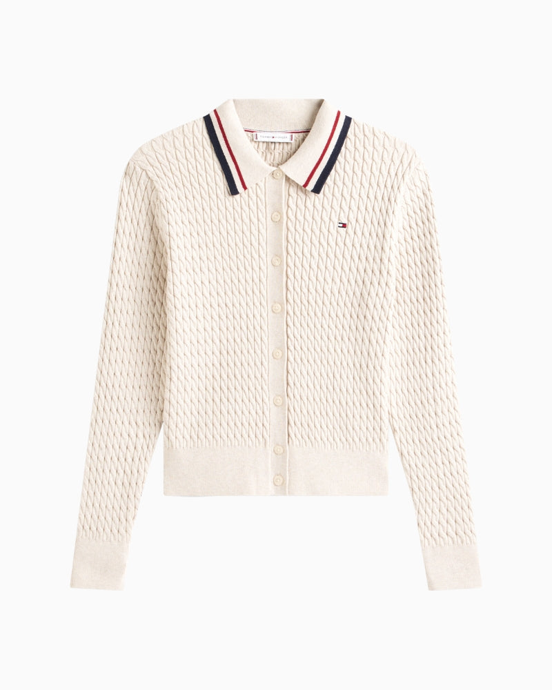 Front view of women’s beige cotton blend cardigan with collar