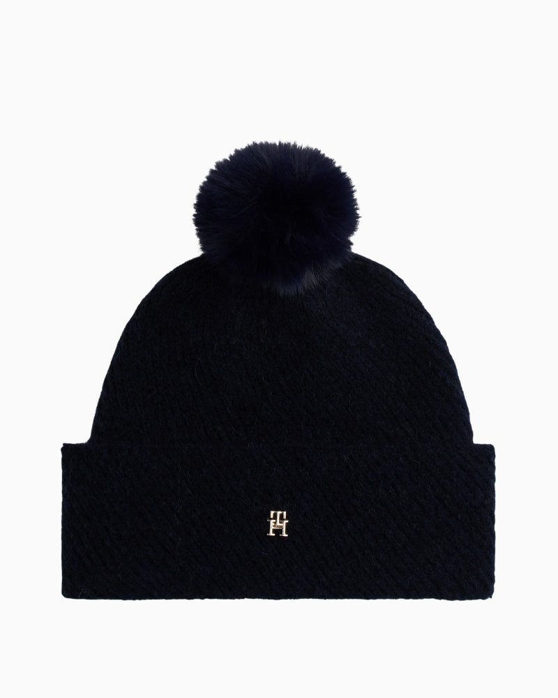 Navy Tommy Hilfiger pom pom beanie with ribbed brim