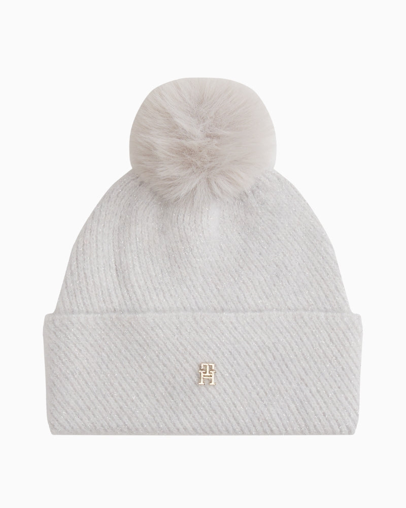 Grey Tommy Hilfiger beanie and scarf set with subtle lurex shimmer