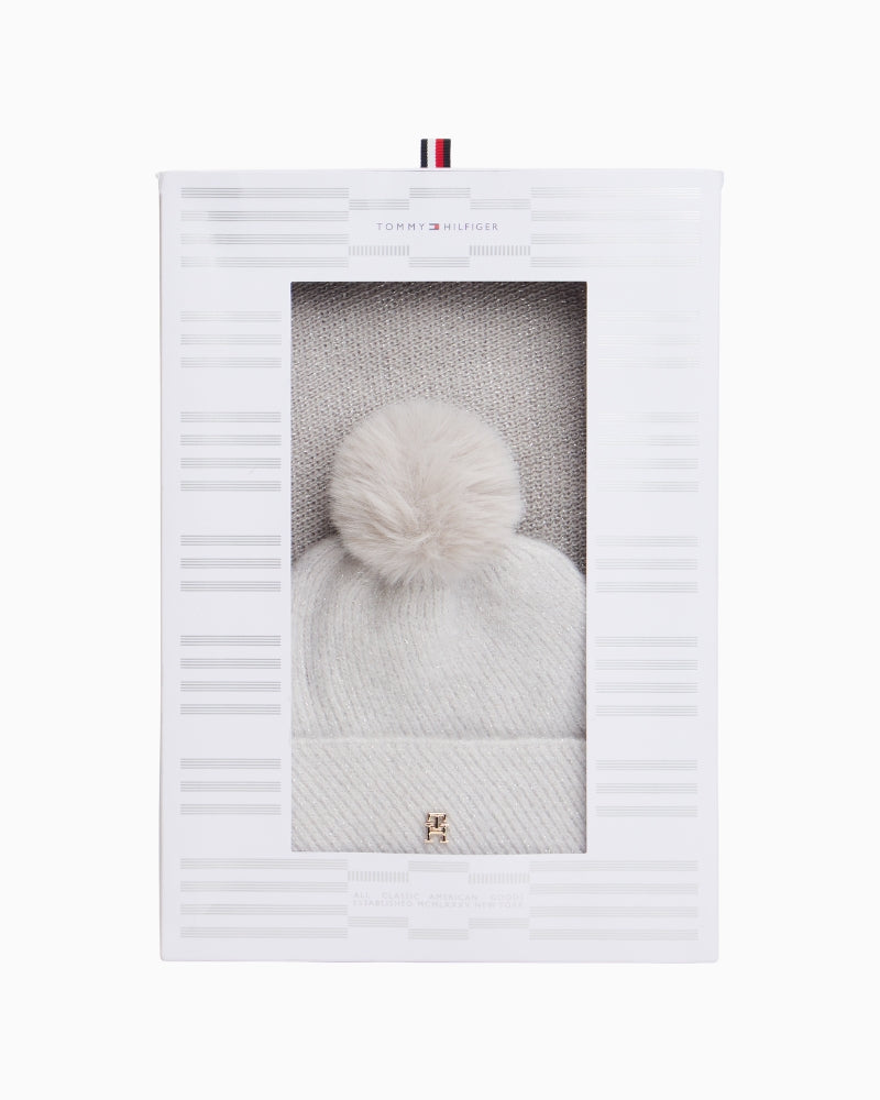 Coordinated wool blend hat and scarf laid flat