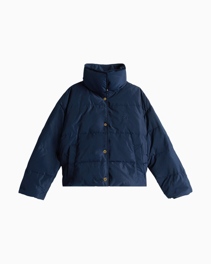 Front view of women’s navy padded winter coat