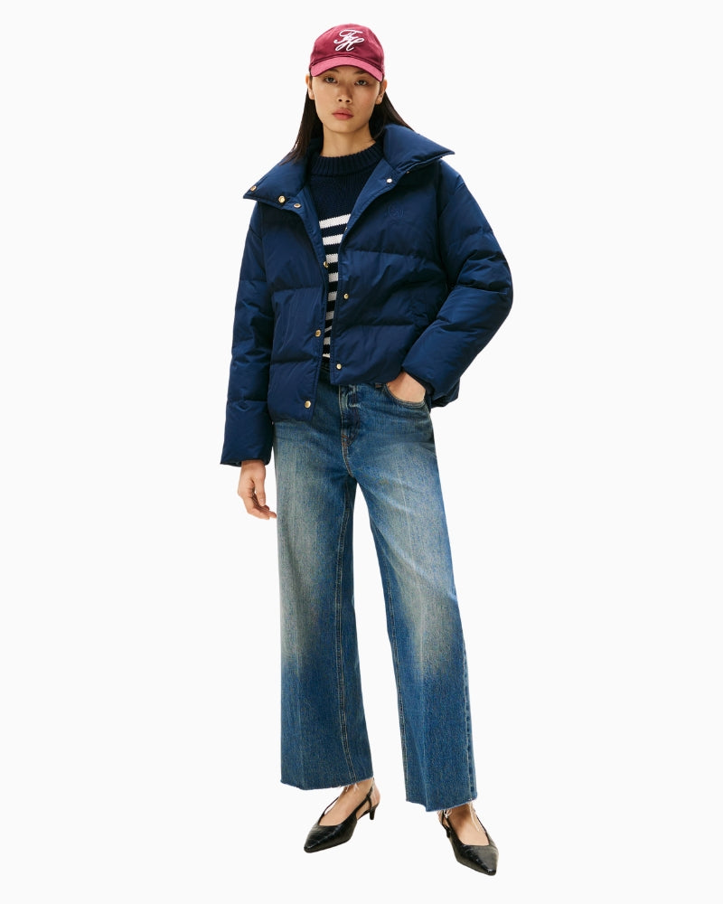 Front view of women’s navy padded winter coat