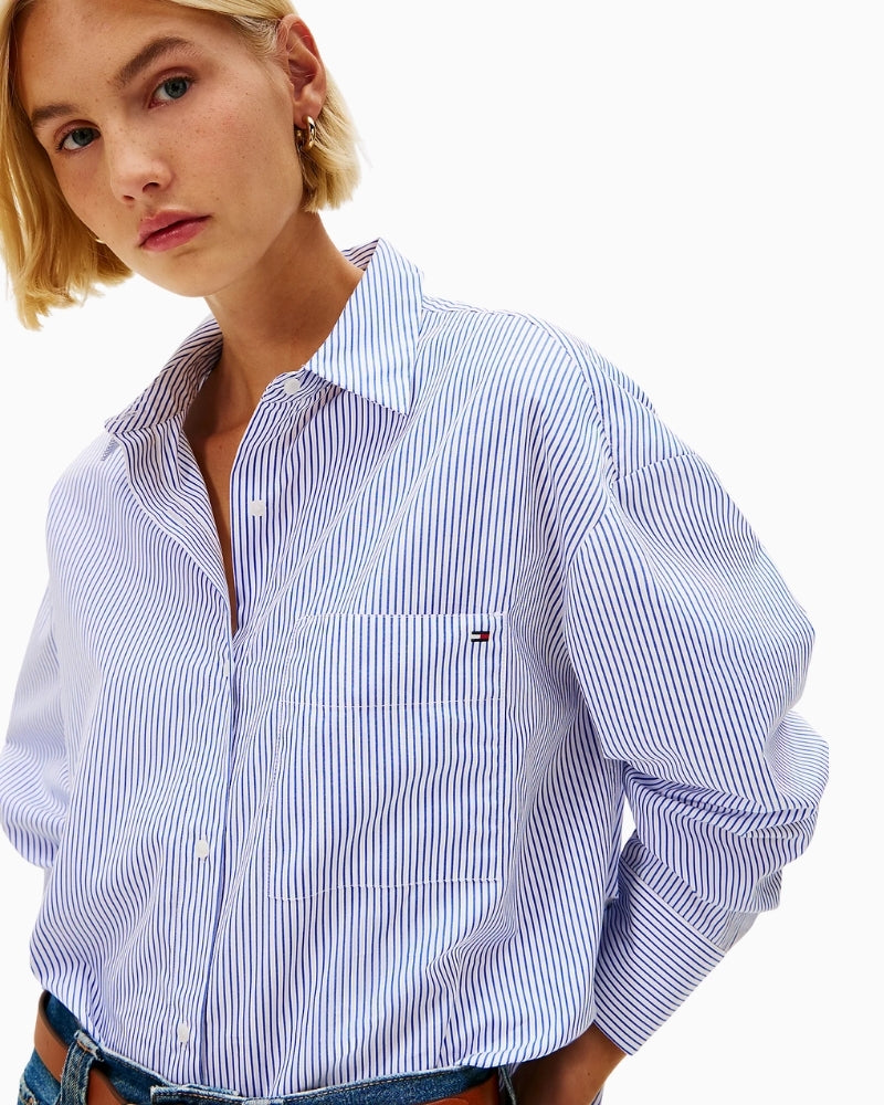 Close-up of one-button cuff and wide sleeve detail on Tommy Hilfiger shirt