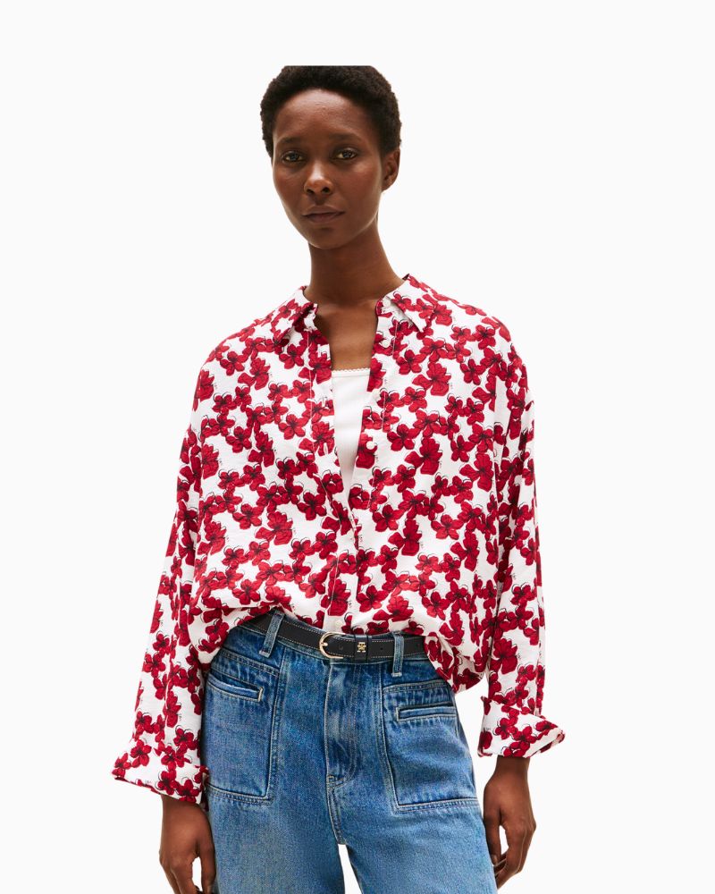 Relaxed fit textured shirt by Tommy Hilfiger in off-white viscose blend with semi-spread collar