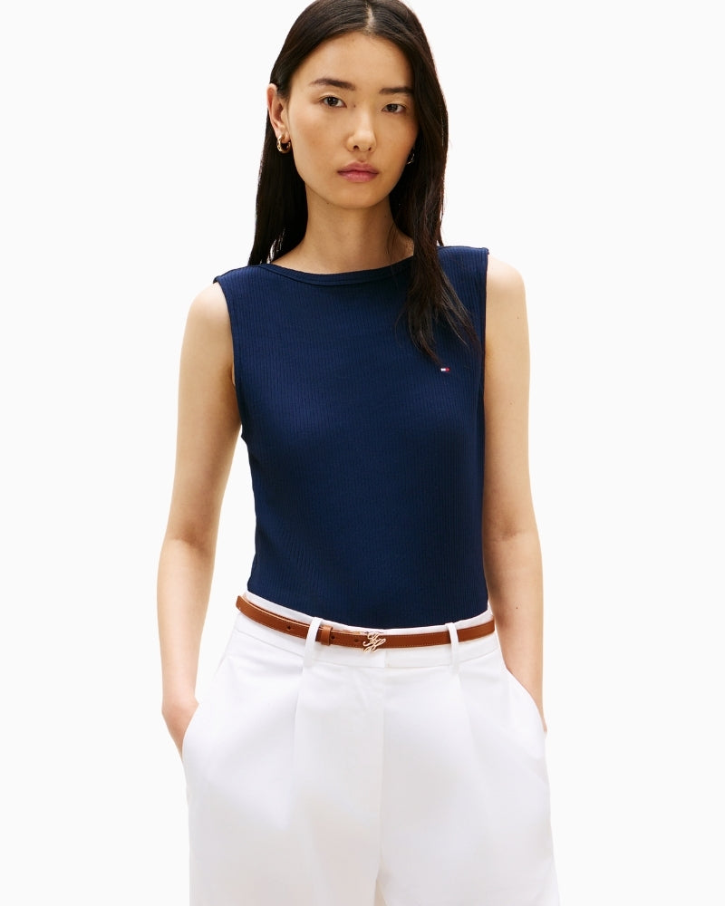 Woman wearing Tommy Hilfiger rib slim boat-neck tank navy front view – Áines Boutique