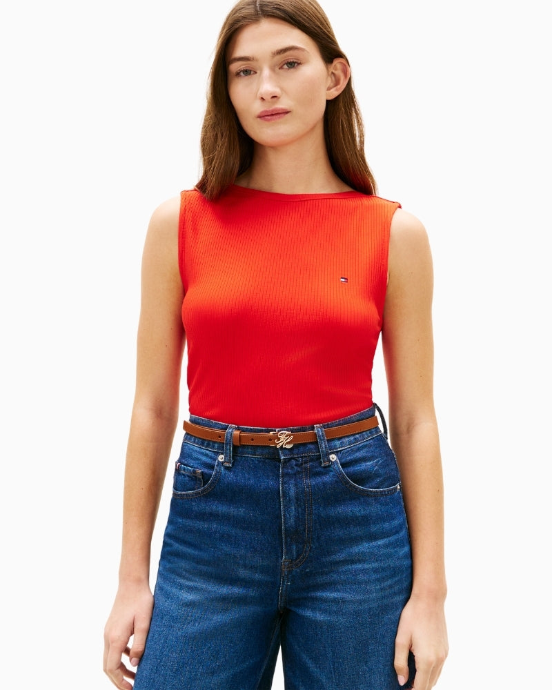 Woman wearing Tommy Hilfiger rib slim boat-neck tank red front view – Áines Boutique