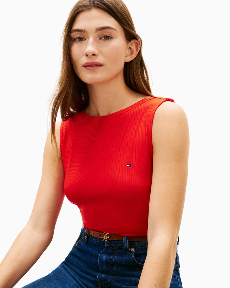 Tommy Hilfiger flag logo detail on red ribbed boat-neck tank – Áines Boutique