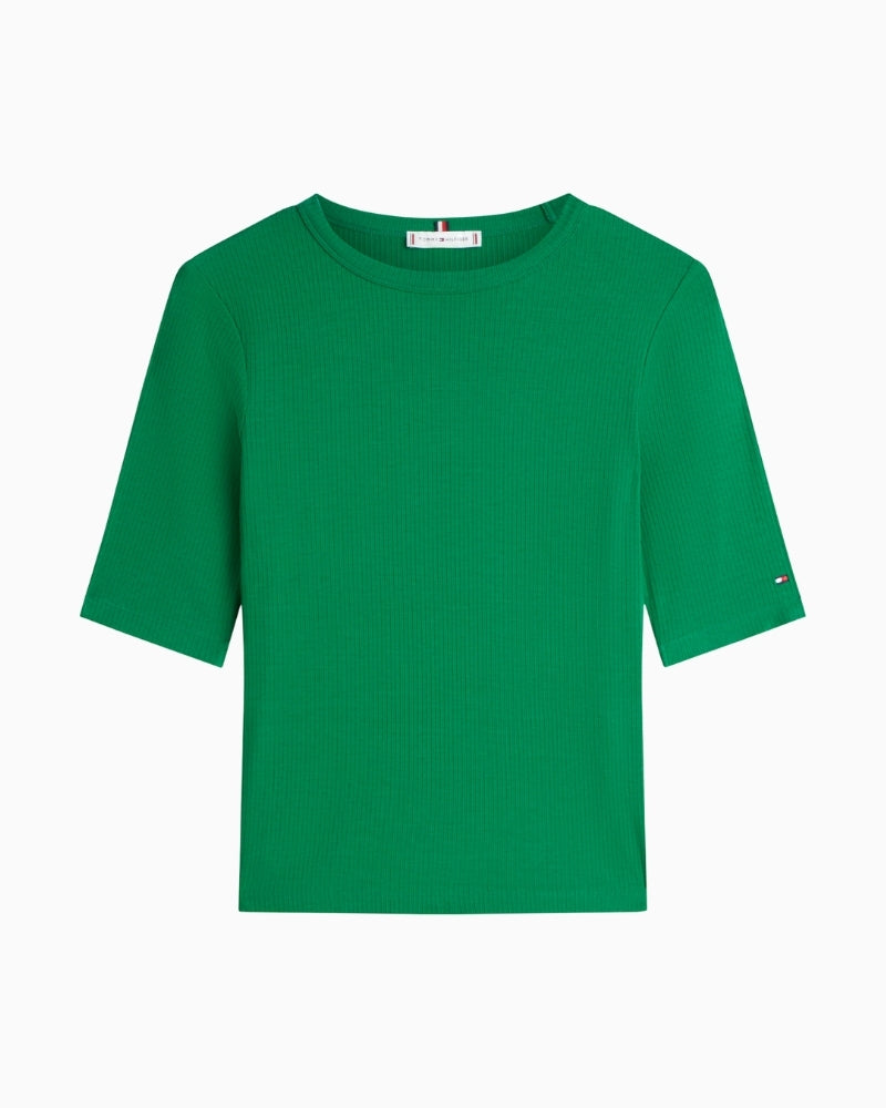 Front view of green ribbed slim-fit T-shirt by Tommy Hilfiger
