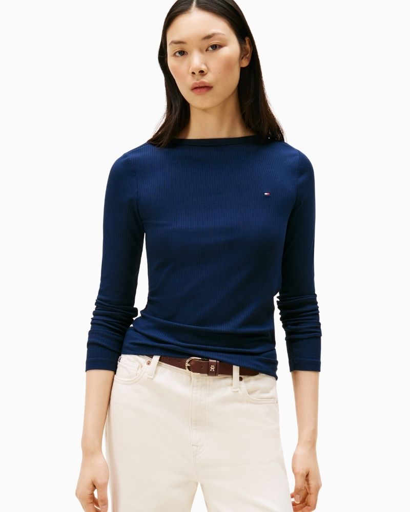 Tommy Hilfiger ribbed long sleeve top with slim fit and boat neckline