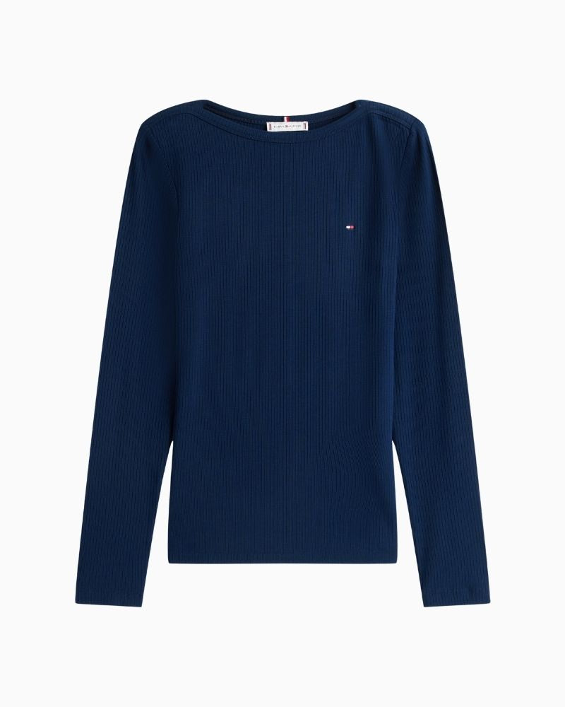 Tommy Hilfiger ribbed long sleeve top with slim fit and boat neckline