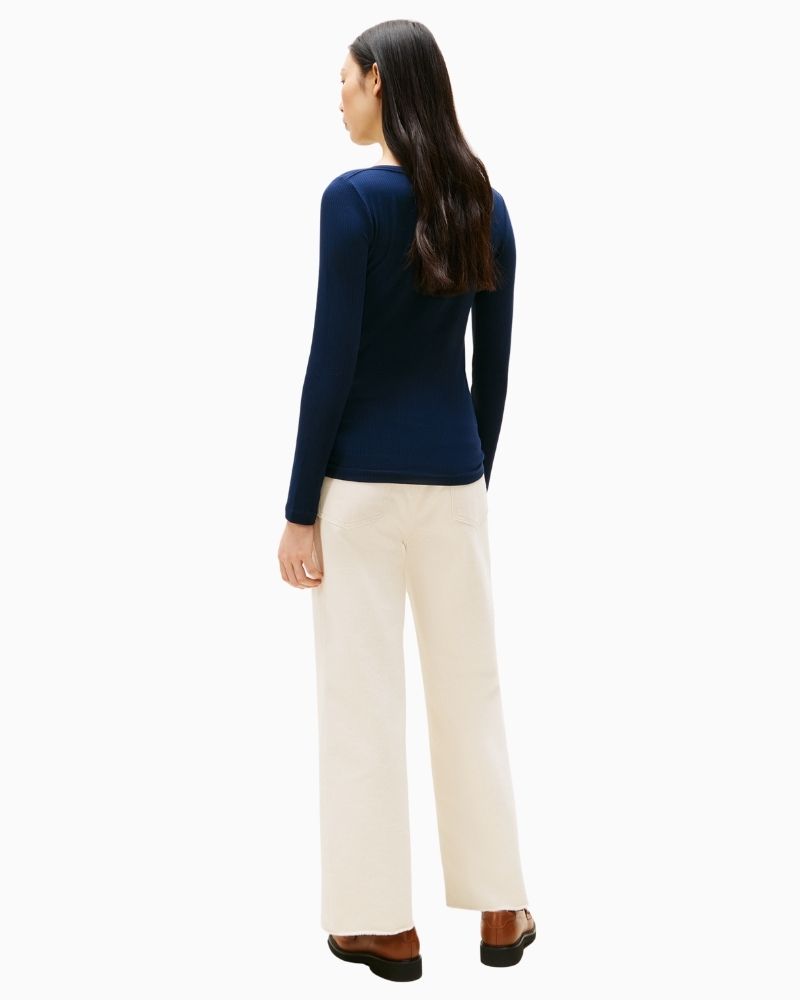 Back of Tommy Hilfiger ribbed long sleeve top with slim fit and boat neckline