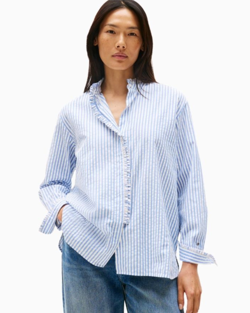 Tommy Hilfiger blue seersucker shirt with ruffle collar and concealed placket