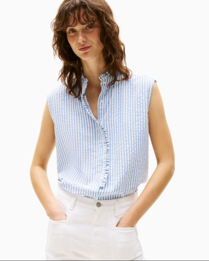 Tommy Hilfiger blue seersucker shirt with ruffle collar and concealed placket