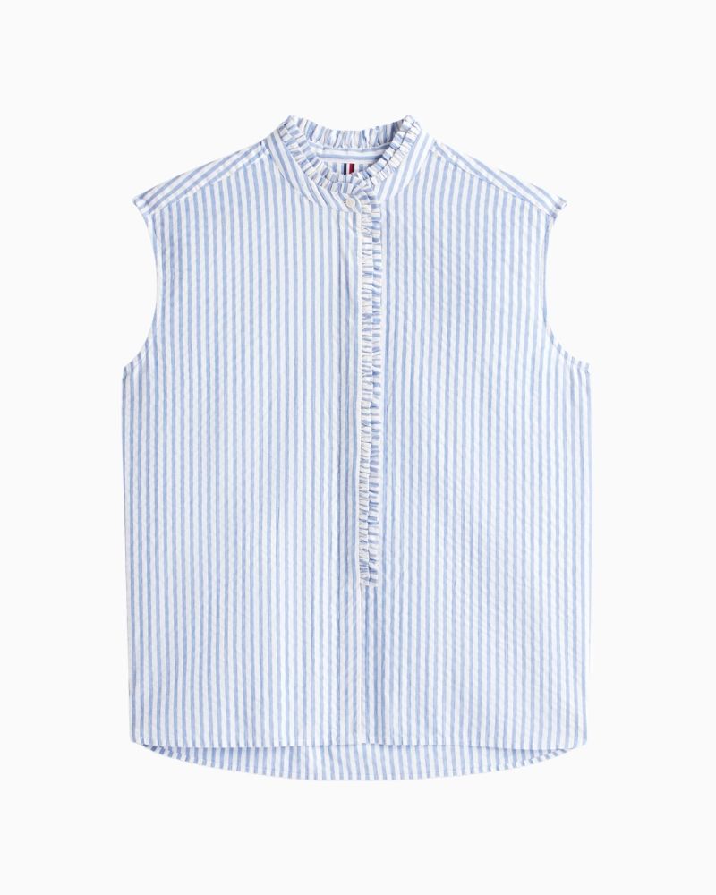 Tommy Hilfiger blue seersucker shirt with ruffle collar and concealed placket