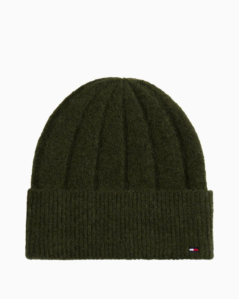 Tommy Hilfiger green fluffy beanie with ribbed cuff and embroidered flag logo