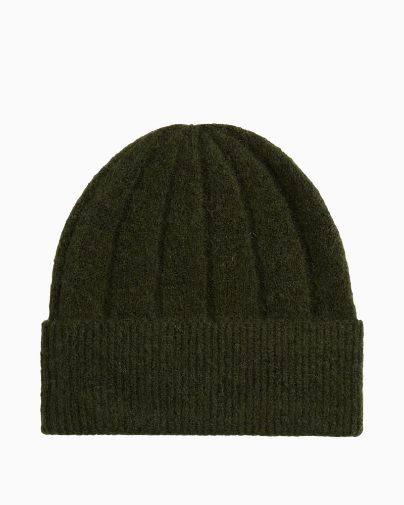 Back view of green Tommy beanie showing soft alpaca-blend knit and fold-over design