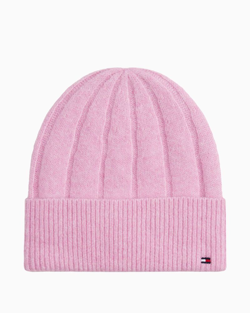 Tommy Hilfiger pink fluffy beanie with ribbed cuff and embroidered flag logo