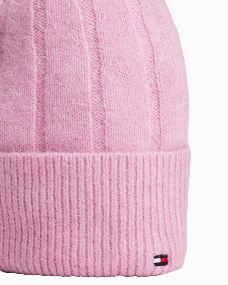 Close-up of Tommy Hilfiger winter hat showing soft knit texture and fold-over design