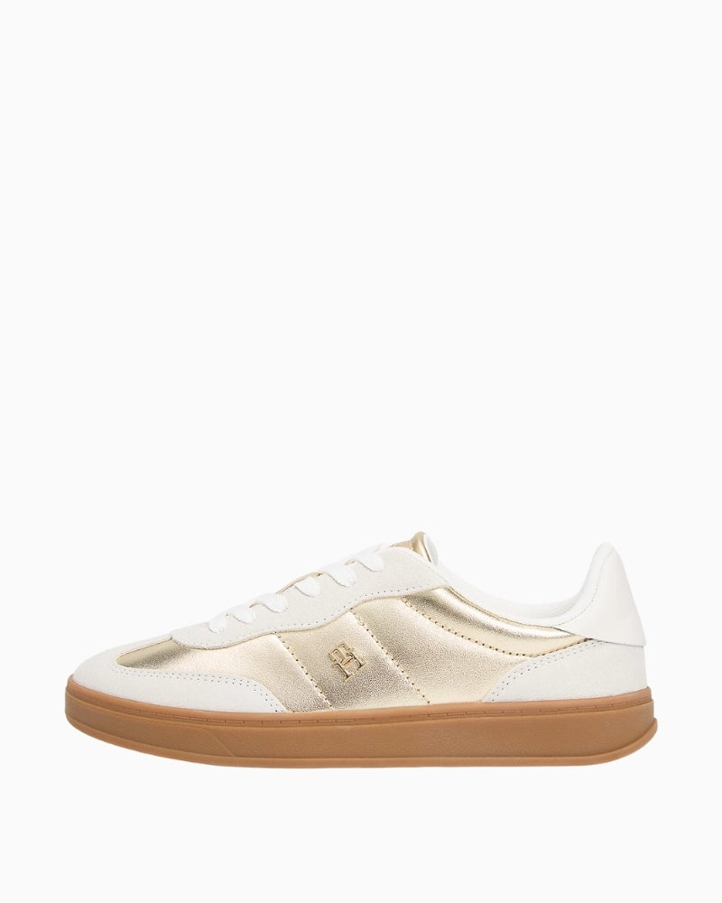 Side view of Tommy Hilfiger metallic leather trainers with TH monogram