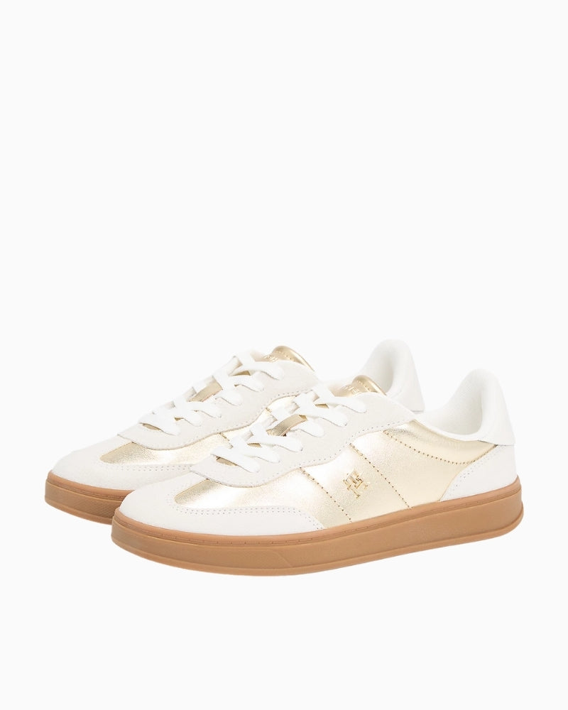 Detail of mixed textures and contrast midsole on leather trainers