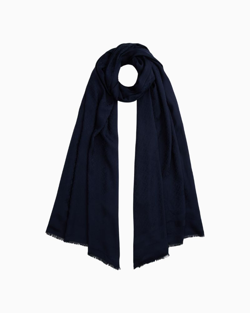 Tommy Hilfiger navy monogram scarf in soft modal with tonal print and finished edges