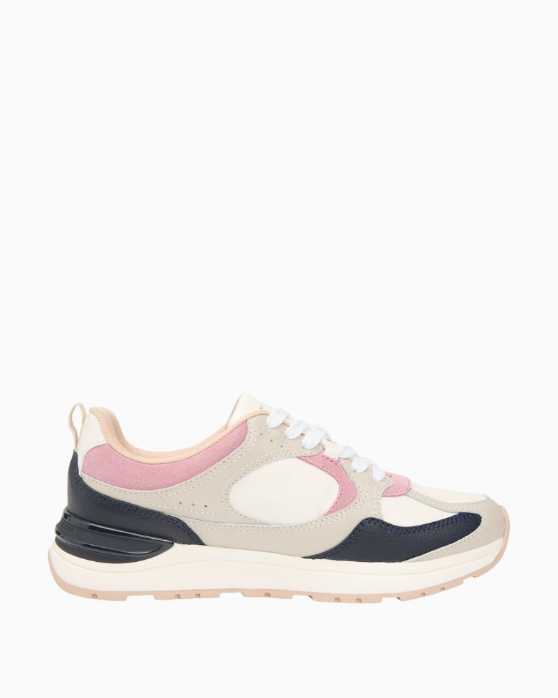 Side view of Tommy Hilfiger stone leather trainers with TH monogram