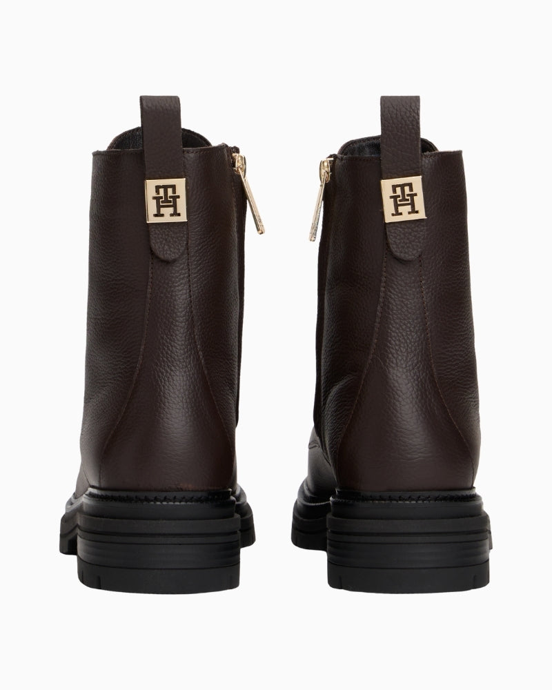 Tommy Hilfiger brown pebbled leather lace-up boots with TH plaque detail
