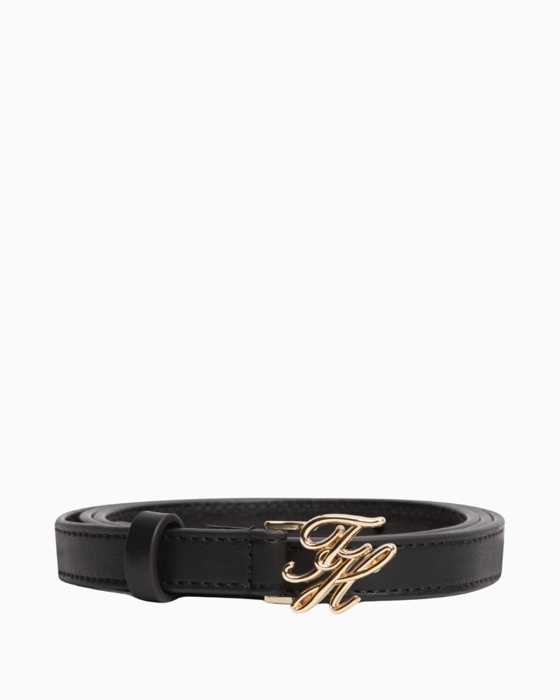 Tommy Hilfiger TH Script 1.5 leather belt black buckle close-up – Áines Boutique