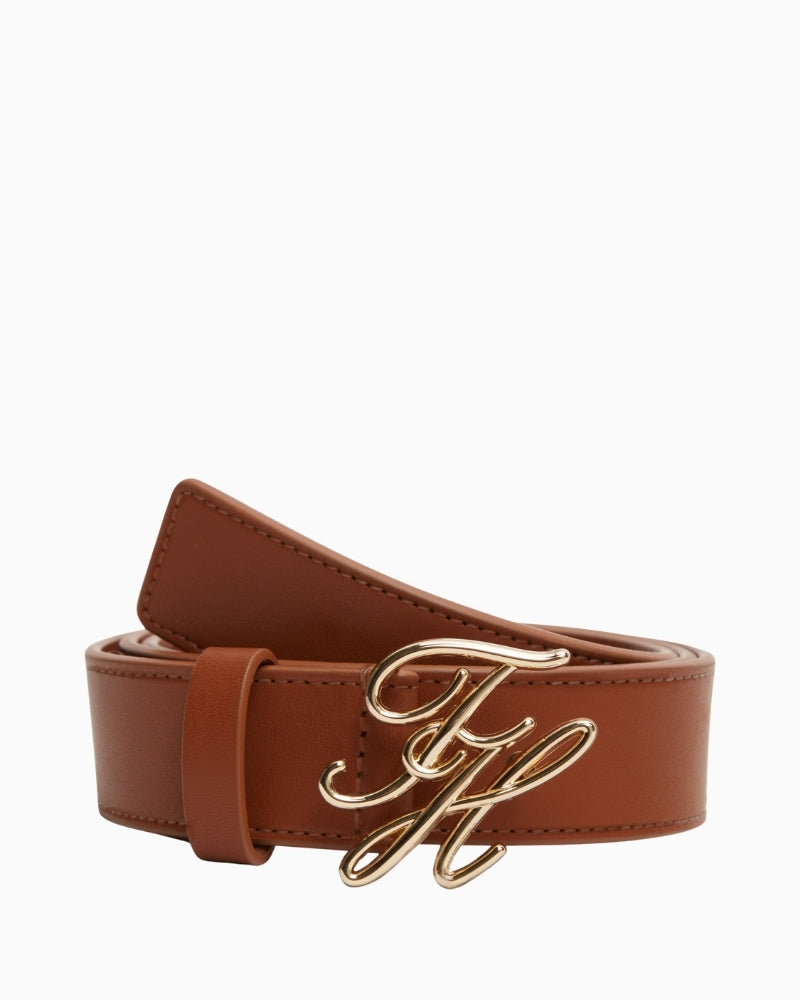 Tommy Hilfiger TH Script 3.0 leather belt tan front view – Áines Boutique