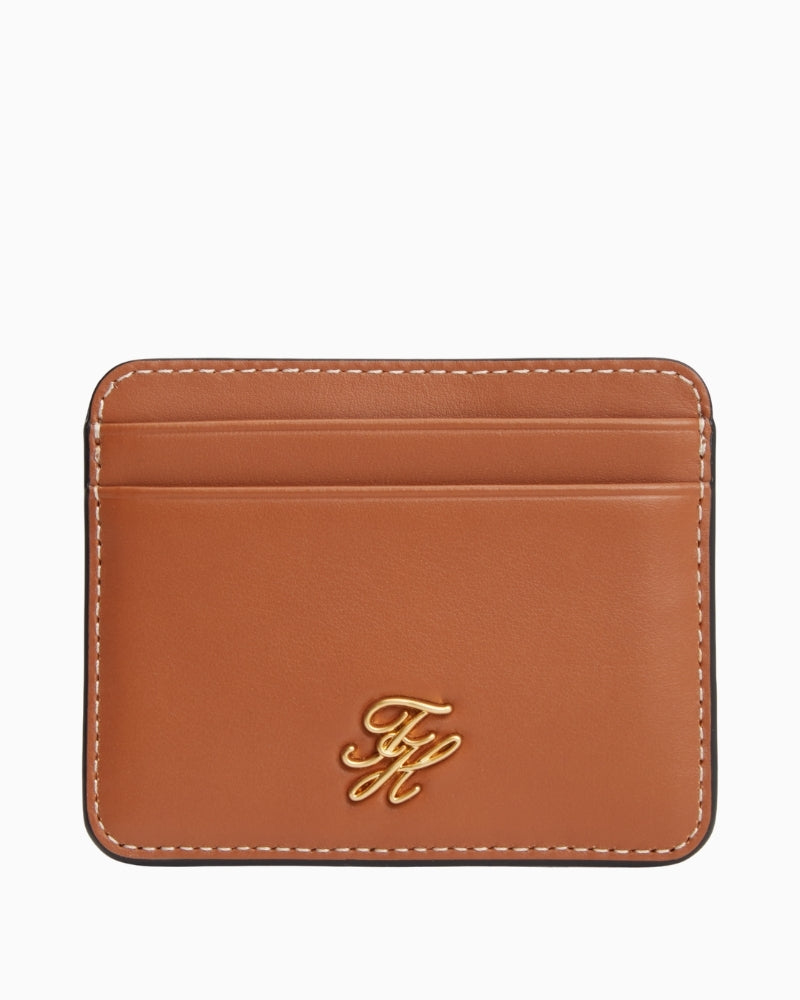 Tommy Hilfiger TH Script leather card holder tan front view – Áines Boutique