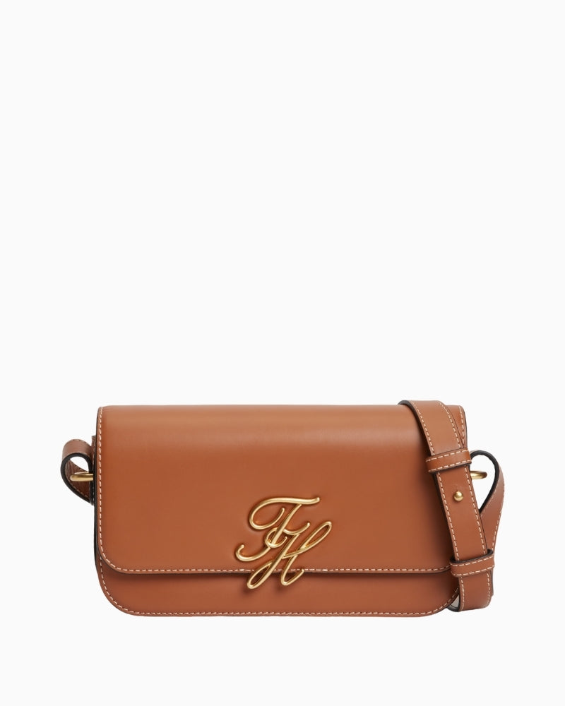 Tommy Hilfiger TH Script flap crossover tan front view – Áines Boutique