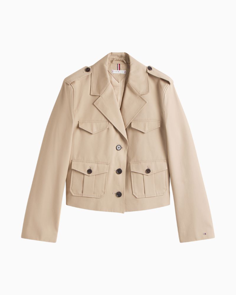 Front view of single-breasted cotton blazer with chest and front pockets