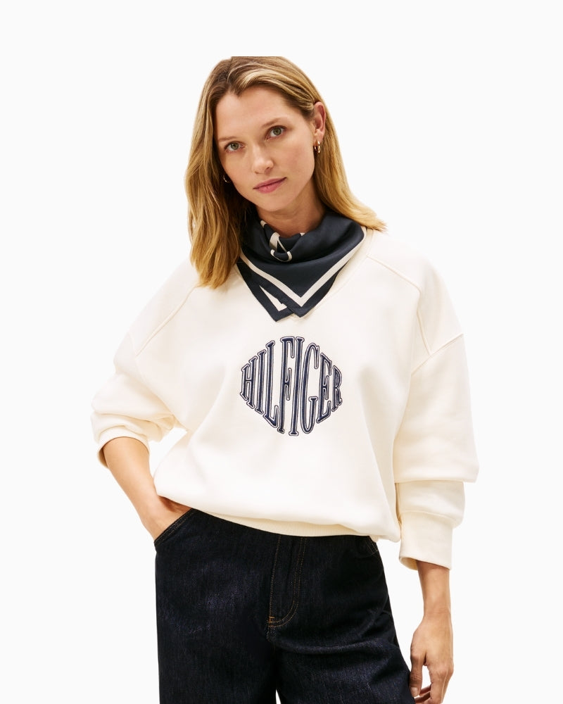 Front view of Tommy Hilfiger V-neck sweatshirt in off-white fleece