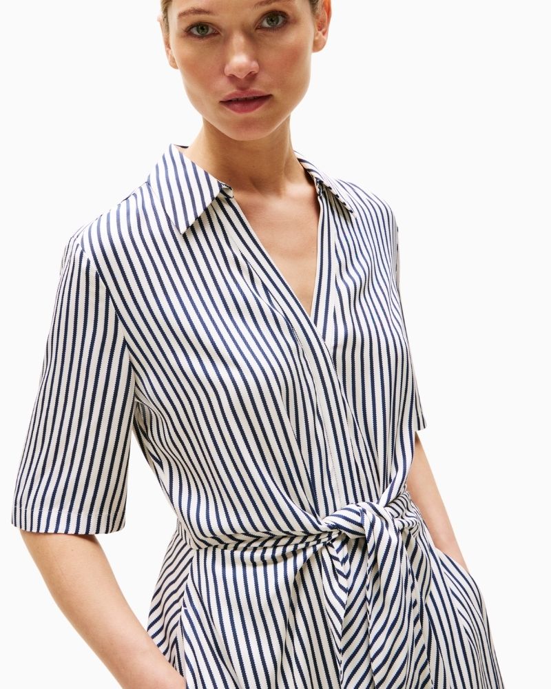 Side view of viscose twill dress with waist tie and clean neckline