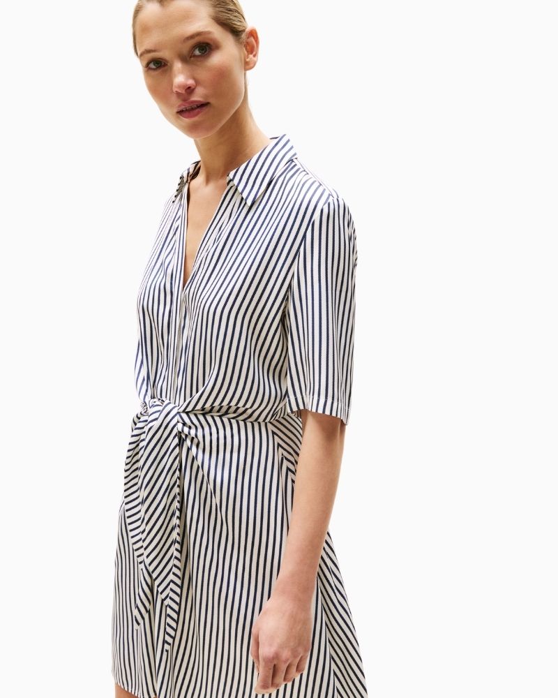 Side view of viscose twill dress with waist tie and clean neckline