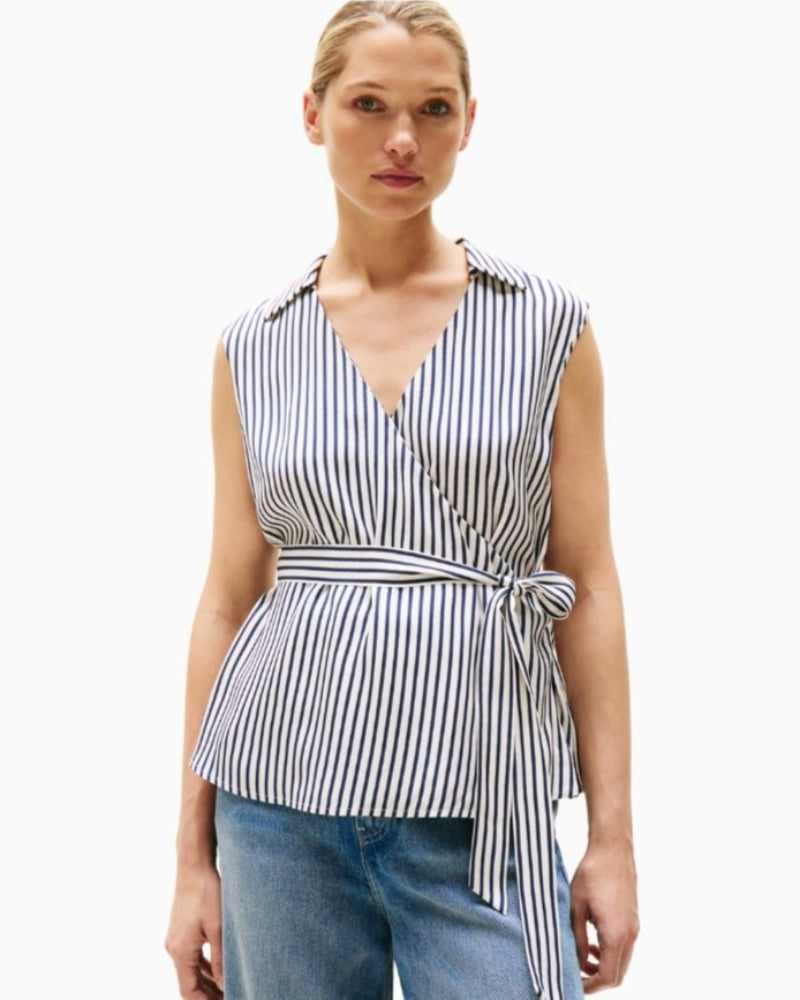 Tommy Hilfiger navy viscose wrap top with waist tie and long sleeves